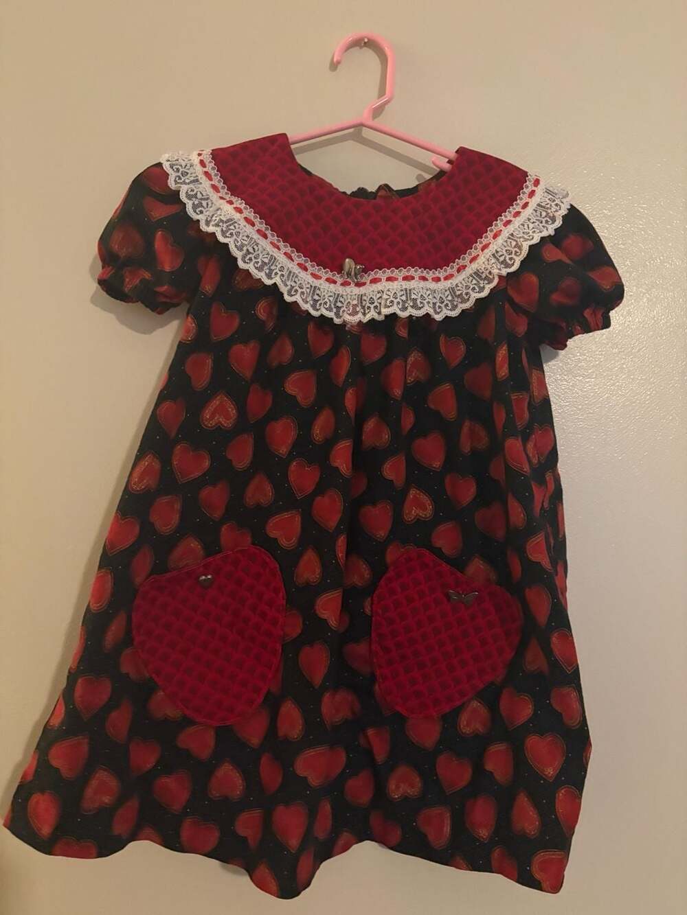 Vintage Handmade Girls Valentine's Day Heart Print Lace Collar Dress - Picture 2 of 6
